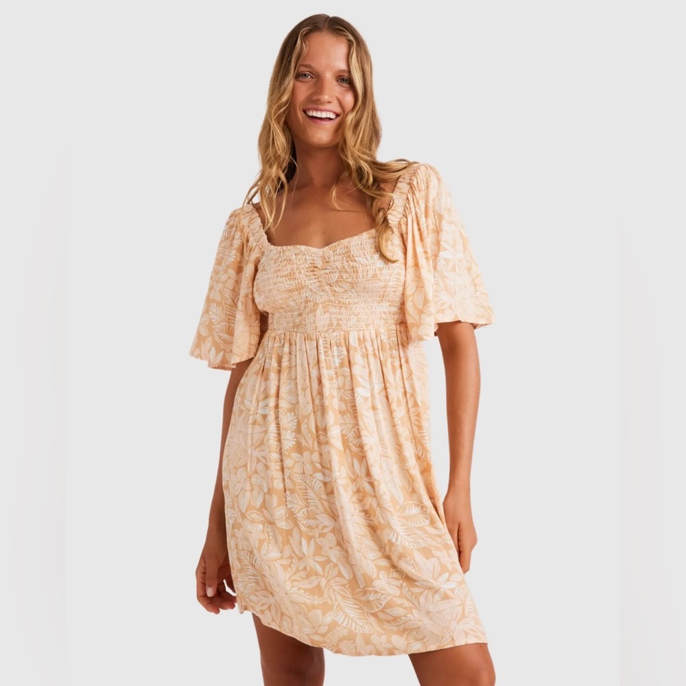 NWT Roxy “Golden Dawn” Open-Back Mini Dress Flutter Sleeve Beach Cottagecore XL
